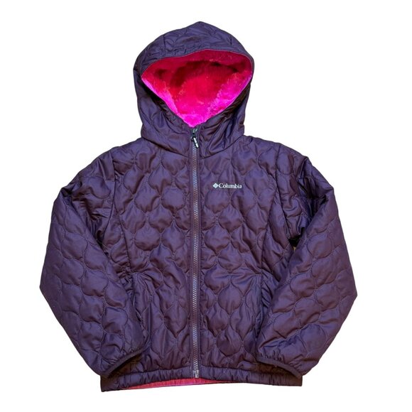 Columbia Girls Purple Quilted Hooded Jacket With Pink Fleece Lining XS 6/6X - Picture 1 of 5